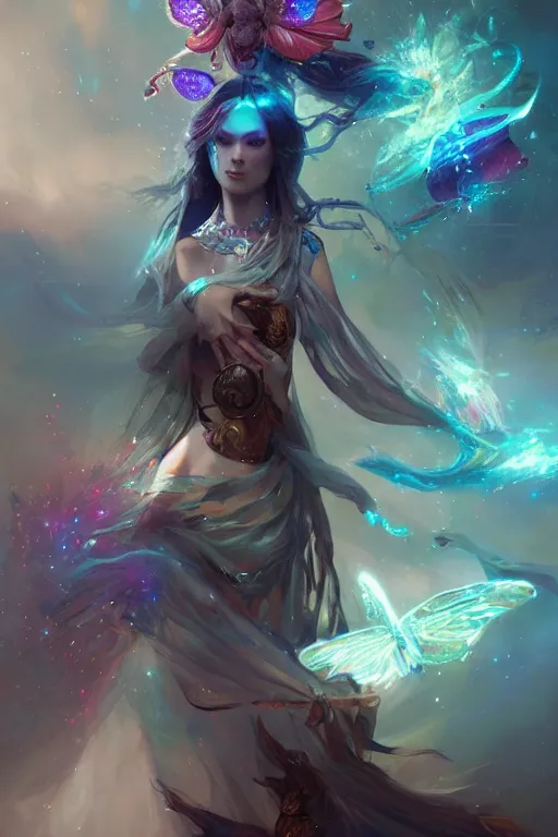 Prompt: beautiful girl necromancer covered with crystals exploding space, 3 d render, hyper realistic detailed portrait, holding magic butterfly, ruan jia, wlop. scifi, fantasy, hyper detailed, octane render, concept art, peter mohrbacher
