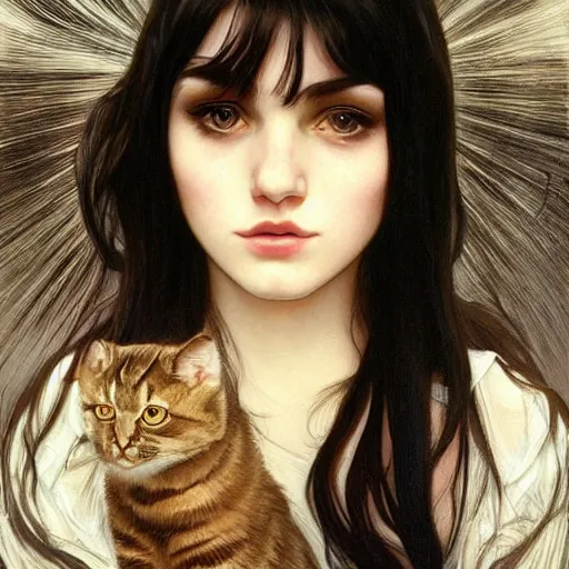 Image similar to emo girl and her cat, with long dark hair, thick eyebrows!!! deep dark big eyes and dark circles!, wide nose!!!, oval face shape, big cheeks! by juan villafuerte, greg rutkowski and alphonse mucha, pexels contest winner, high quality photo, rtx, hd