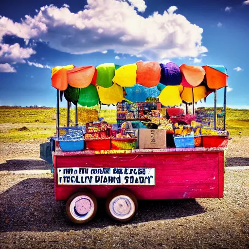 Prompt: colorful ( pop rock candy ), fruit stand on the side of a serene country dirt road, dramatic color, hdr, partly cloudy, 8 k, 4 k, trending on artstation cgsociety, octane ue 5