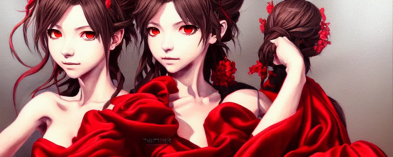 Image similar to a portrait of catgirl wearing red silk dress an ultrafine detailed painting, detailed painting, detailed eyes!!, final fantasy octopath traveler ghibly