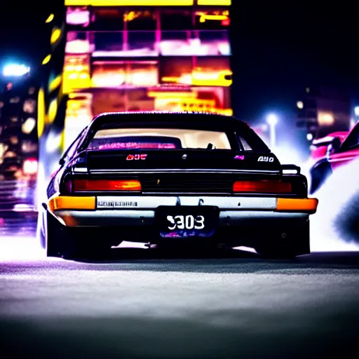 Image similar to a car s30 turbo drift at illegal car meet, Shibuya prefecture, city midnight mist lights, cinematic lighting, photorealistic, highly detailed wheels, high detail