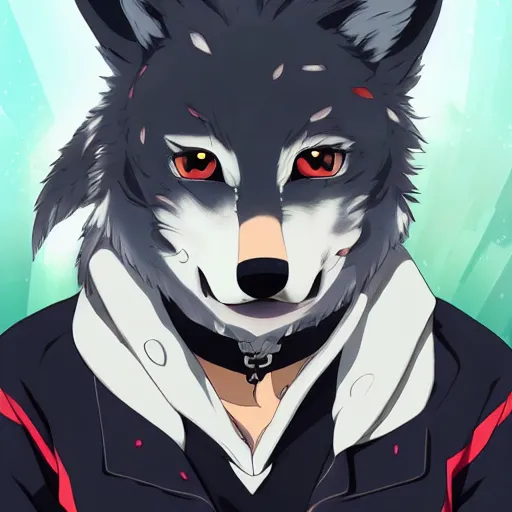 Image similar to key anime visual portrait of an anthropomorphic anthro wolf fursona, in a jacket, with handsome eyes, official modern anime art