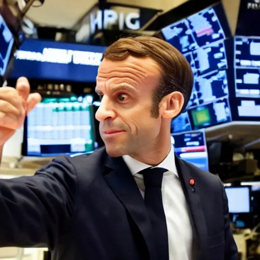 Image similar to film still Emmanuel Macron at Wall street stock exchange, exulting from joy, in the big short (2015)