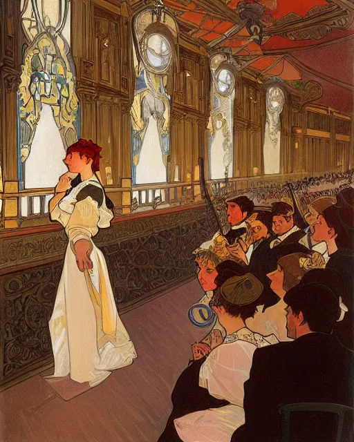 Image similar to painting alphonse mucha, interior of the opera house, view from the hall with a singer in a white dress on a lighted stage with an orchestra and audience in the hall, soft cinematic lighting, pastel color palette