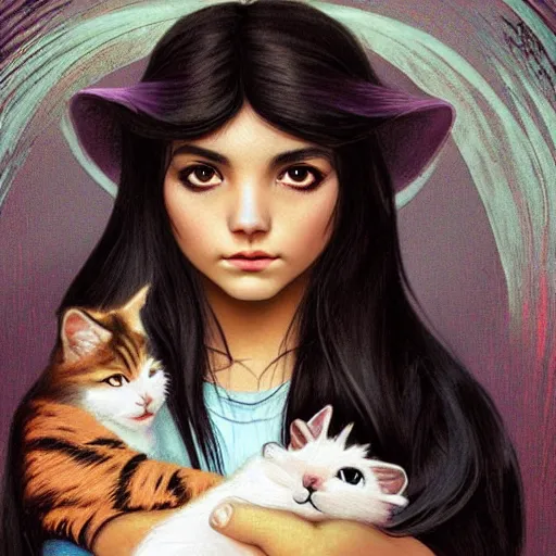 Prompt: cute emo mexican girl and her cat, with long dark hair, thick eyebrows!!! deep dark big shiny eyes and dark circles!, wide nose!!!, oval face shape, big cheeks! by juan villafuerte, greg rutkowski and alphonse mucha, pexels contest winner, high quality photo, rtx, hd