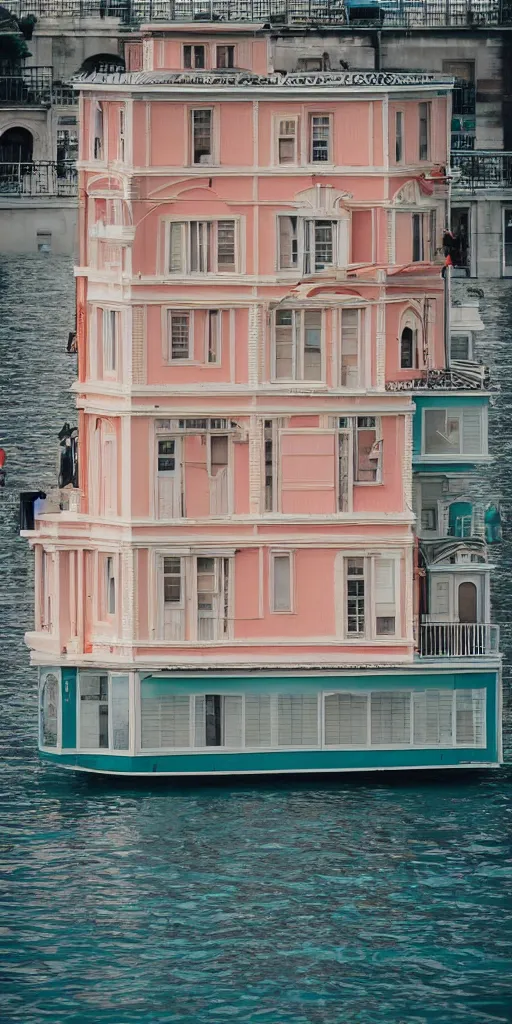 Prompt: wes anderson style beautiful floating building