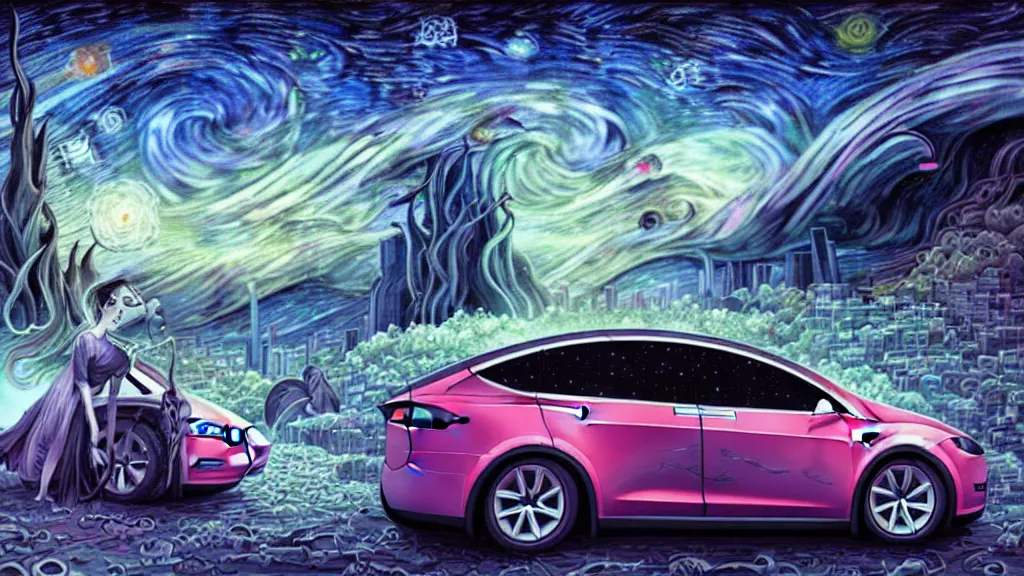 Image similar to a tesla model x by cyril rolando and naomi okubo and dan mumford and ricardo bofill. lovecraft. lovecraftian. starry night swirly sky.