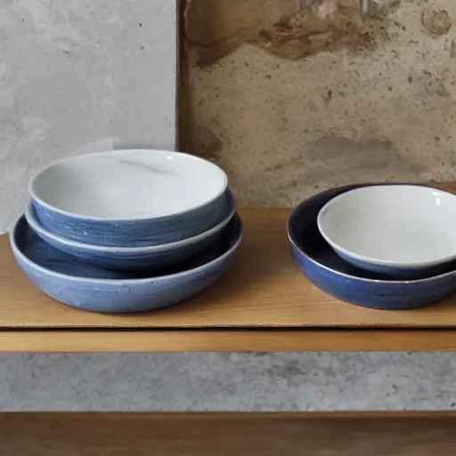 Image similar to ceramic bowl and plate on a marble shelf