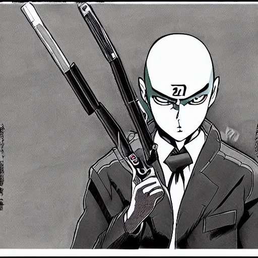 Image similar to Agent 47 in a scene from naruto, trending on pixiv, pen and ink, complex detail