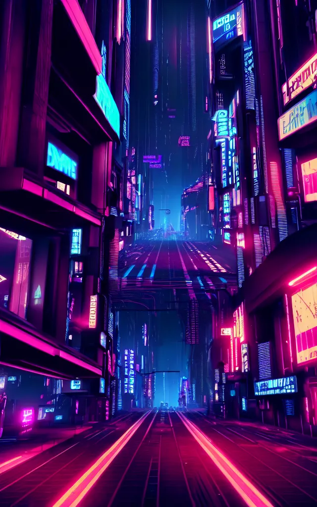 Prompt: A magnificent dark neon futuristic cyberpunk city busy street at night made in cinema4d, hyper realistic, extreme details, cinematic | 8k video | Aesthetics of bladerunner