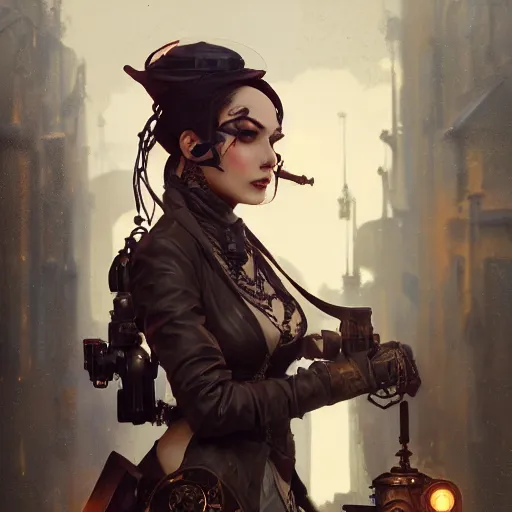 Image similar to a photograph of an attractive women in a steampunk style by greg rutkowski, sung choi, mitchell mohrhauser, maciej kuciara, johnson ting, maxim verehin, peter konig, 8 k photorealistic, cinematic lighting, hd, high details, dramatic, dark atmosphere, trending on artstation