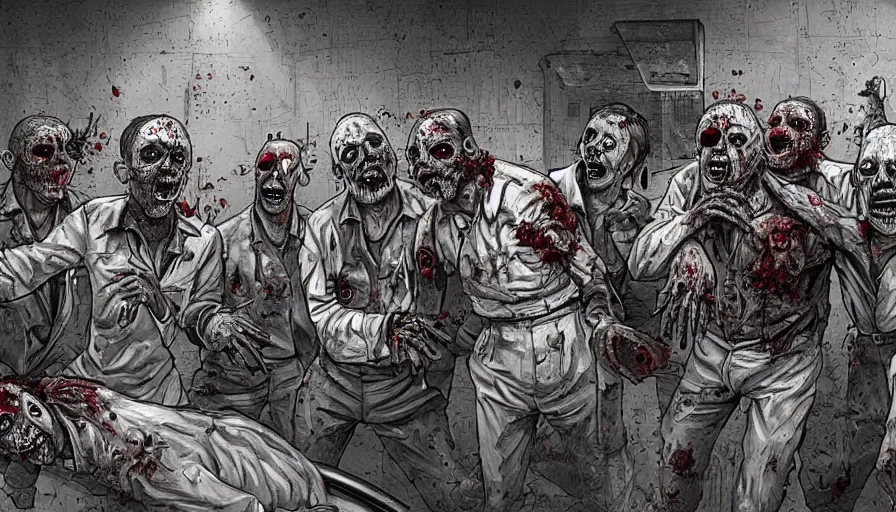 Image similar to zombies working in a morgue. trending on artstation