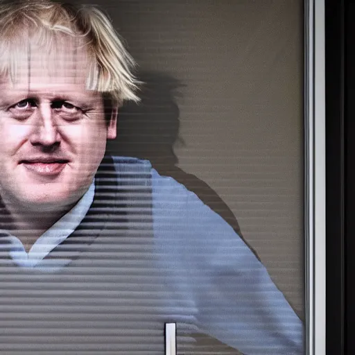 Image similar to window blinds in a house being pulled back to reveal a terrifying boris johnson with his face pressed against the window with his hand on the window and a horrifying grin. horror, black and white