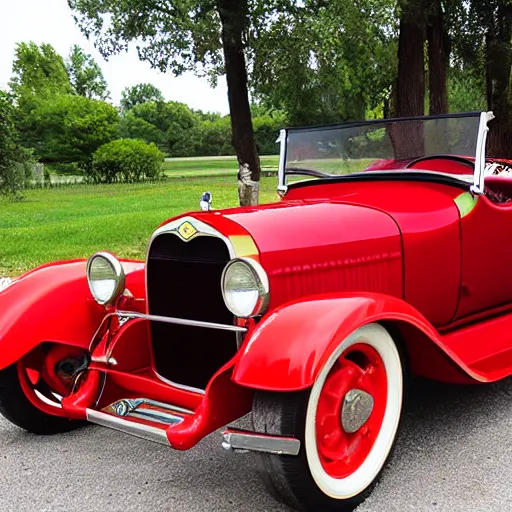 Prompt: museum exhibit. red 1 9 2 8 chevy roadster, jalopy, heap, hot rod, rat rod, crate, car, automobile, horseless carriage, bucket of bolts