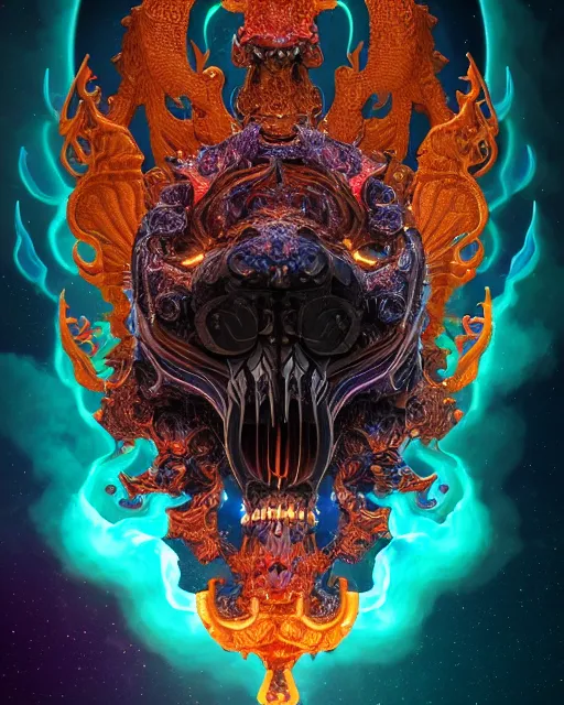 Image similar to 3 d ornate carved dark cosmic horse with profile portrait, sigma 5 0 0 mm f / 5. beautiful intricate highly detailed quetzalcoatl skull. bioluminescent, plasma, lava, ice, water, creature, thunderstorm! artwork by tooth wu and wlop and beeple and greg rutkowski, 8 k trending on artstation