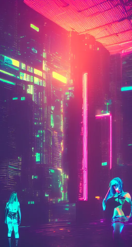 Image similar to cyberpunk women, city, neon lights, glow, sunset, atmospheric, cinematic, retrowave style,