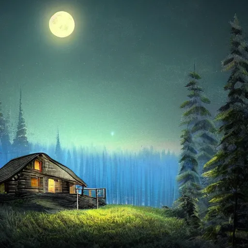 Image similar to highly detailed landscape of a small cabin in a forest at the start of a mountain, at night, full moon, digital art