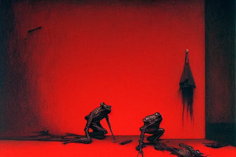 Image similar to only with red, a red samurai harakiri, tokio, a lot of frogs watch, in the style of beksinski, parts by edward hopper, parts by rodcenko, parts by yue minjun, intricate and epic composition, red by caravaggio, insanely quality, highly detailed, masterpiece, red light, artstation, 4 k