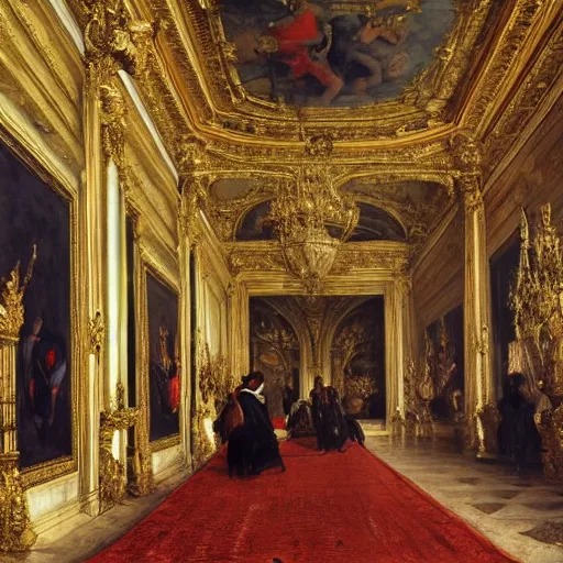 Image similar to fine art, oil on canvas baroque style by diego velasquez. the interior of the palace of versailles in france. fine art in the walls and