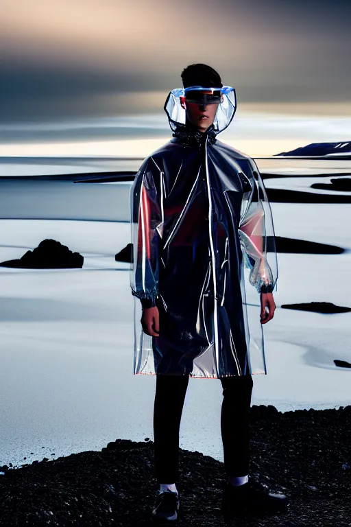 Image similar to an ultra high definition professional high fashion portrait studio full length photograph of a male model wearing a transparent pearlescent raincoat and neon visor in an icelandic black rock environment at dawn. no artefacts. extremely detailed. stark. refraction. shallow depth of field. volumetric light and shadow. ray tracing. light rays.