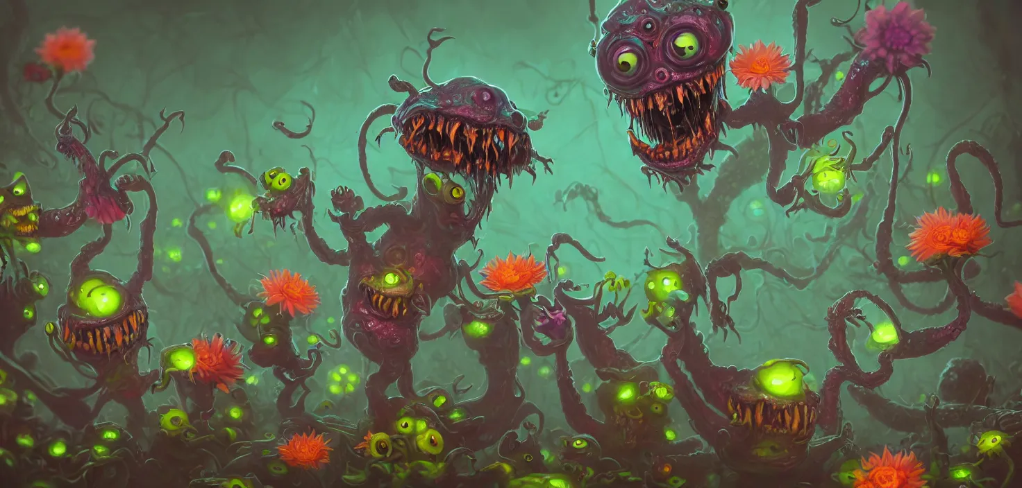 Prompt: intricate colourful murky with strange cute friendly horror crazy monsters with huge beauty eyes long tongue triangle teeth and scary face appearing from the flowers, in the style of craola, shallow depth of field, highly detailed, digital painting, trending artstation, concept art, illustration, cinematic lighting, vibrant colors, photorealism, epic, octane render