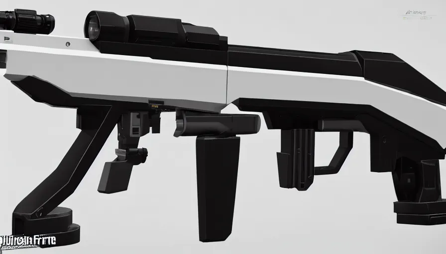 Prompt: extremely detailed realistic side view of a sci fi bullpup laser sniper rifle, detailed trigger, chemically propelled, massive battery, smooth streamline, battery and wires, railgun, chemrail, gauss, elegant sleek smooth body, white paint, smooth utopian design, ultra high quality, minimalist, octane, cod, destiny, warframe, terminator