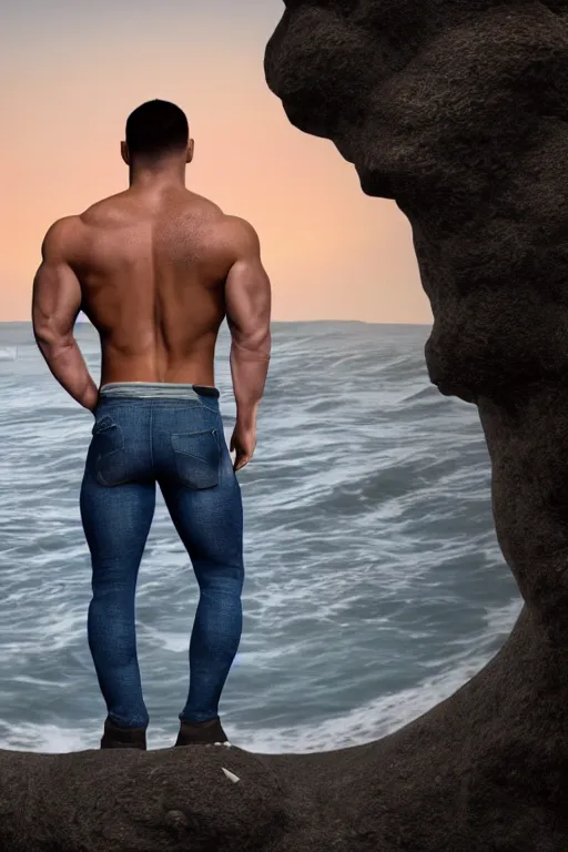 Image similar to a very muscular and defined man wearing ripped pants and shirt looking to the sea at sunset, godrays, complementary colors, natural lighting, portait image, path tracing, serene landscape, high quality, highly detailed, 8K, soft colors, warm colors, turbulent sea, high coherence, anatomically correct, hyperrealistic, concept art, defined face, five fingers, symmetrical