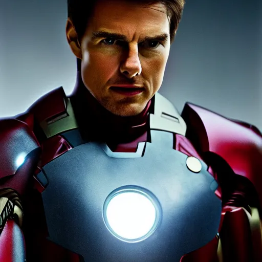 Image similar to A photo of Tom Cruise as Ironman, head shoot, promo shot, highly detailed, sharp focus, kodak film, studio lighting