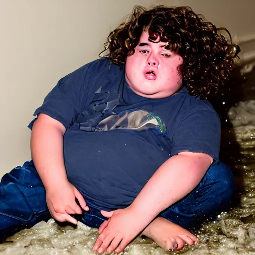 Image similar to flash photography of chubby teenage boy with long curly brown hair vomiting, and flooding the basement he is sitting in with vomit