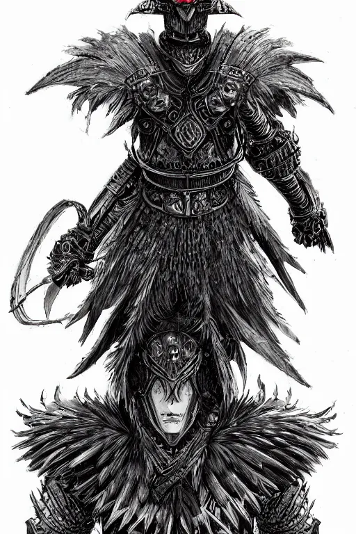 Prompt: armoured raven humanoid monster, crows feet, symmetrical, highly detailed, digital art, black feather armour, sharp focus, trending on art station, kentaro miura manga art style