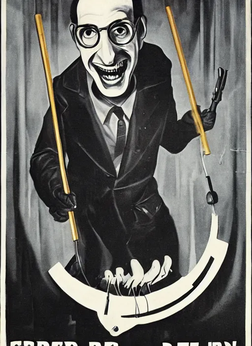 Prompt: creepy Dr. Kleiner from Half Life with a scary comically large smile, 1940s scare tactic propaganda art