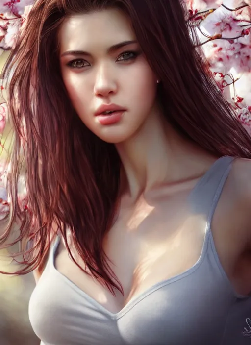 Image similar to photo of a gorgeous female with messy hair in the style of stefan kostic, realistic, body shot, sharp focus, 8 k high definition, insanely detailed, intricate, elegant, art by stanley lau and artgerm, cherry blossoms