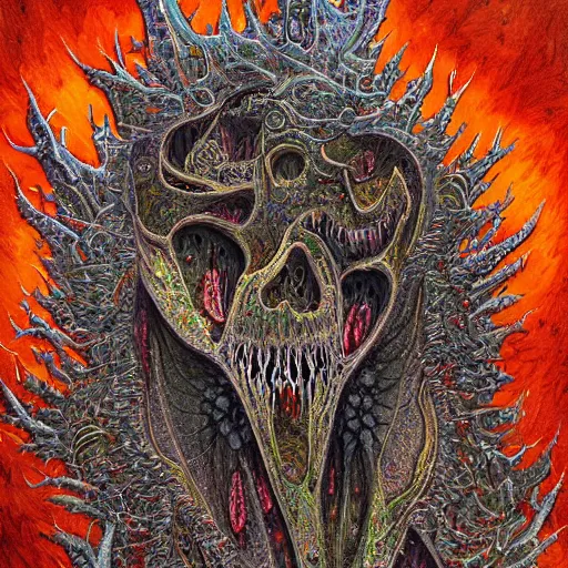 Image similar to Hyper detailed painting of a horrid fractal abomination covered in endless teeth as it devoures souls.