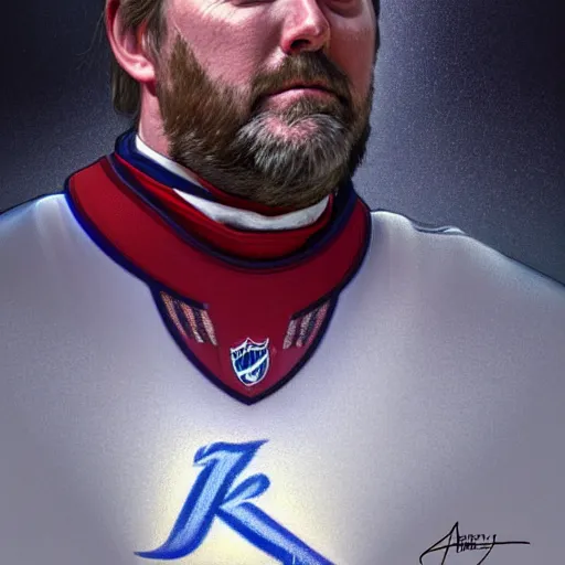 Image similar to beautiful portrait of Patrick Roy as a hockey coach, fantasy, intricate, elegant, highly detailed, digital painting, artstation, concept art, smooth, sharp focus, luxury fashion illustration, art by artgerm and greg rutkowski and alphonse mucha, brightly lit cinematic soft lighting, photorealistic