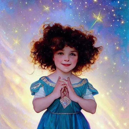 Image similar to a cute little girl with a round cherubic face, blue eyes, and short curly light brown hair smiles as she floats in space with stars all around her. She is wearing a turquoise dress. Beautiful painting by Artgerm and Greg Rutkowski and Alphonse Mucha