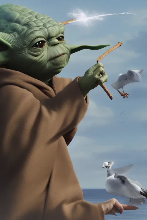 Prompt: Yoda smacking a seagull with a stick, hyperdetailed, artstation, cgsociety, 8k