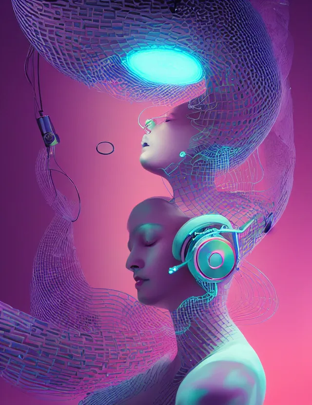 Image similar to 3 d goddess of music and 🔊 wide angle portrait with musical notes, headphones, subwoofers, and speakers. music, wave frequencies, cymatics. auditory symbiogenesis, synaesthesia, polyphonic communication, sonic projection, artwork by tooth wu and android jones wlop and android jones and beeple and greg rutkowski