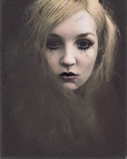 Prompt: an instant photo of a beautiful but sinister ghost in layers of fear, with haunted eyes and wild blonde hair, 1 9 7 0 s, seventies, woodlands, delicate embellishments, a little blood, crimson, painterly, offset printing technique, mary jane ansell