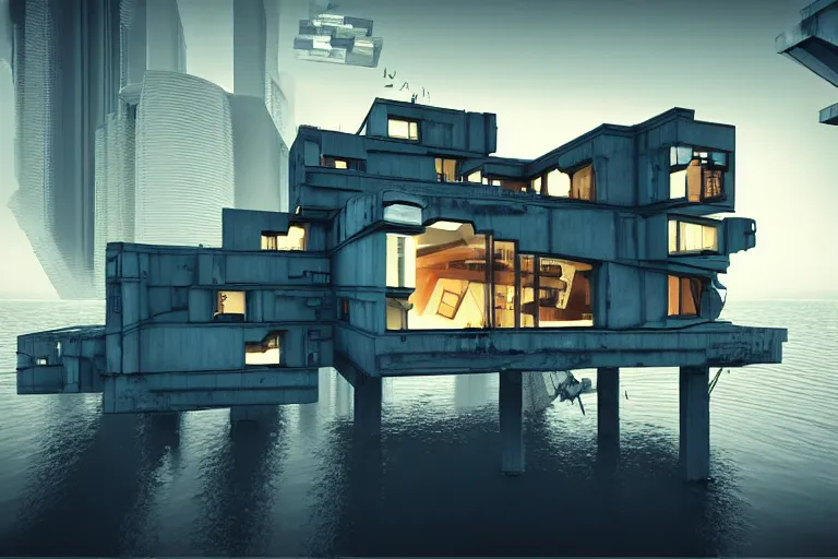 Image similar to distorted cyberpunk house in the lake, artwork by bauhaus, by benoit b. mandelbrot, by bjarke ingels, uhd, 3 d ar vr art, metaverse concept art