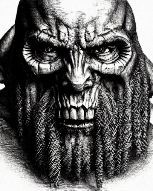 Image similar to orc, hyper realism, fine details, deviantart artstation, extremely detailed, black and white, very sharp, in the style of albrecht durer, etching,