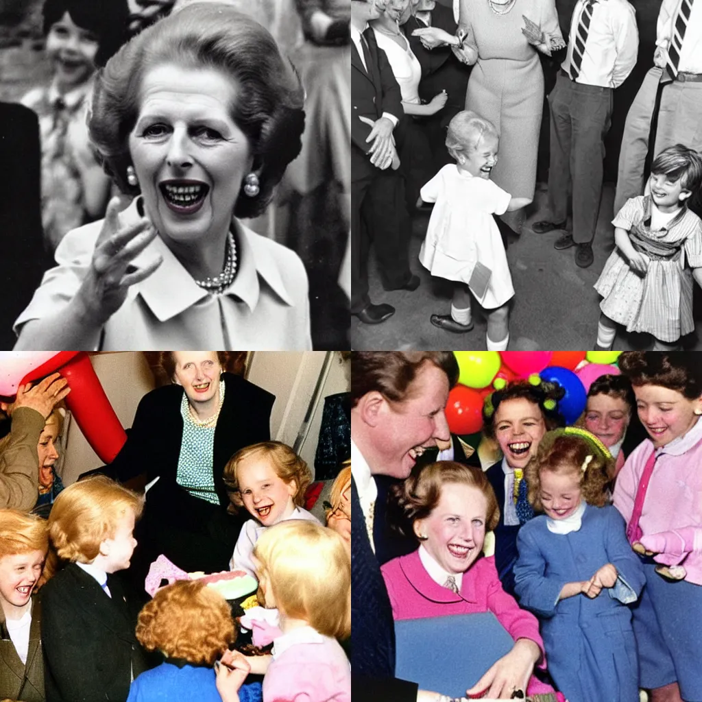Prompt: margaret thatcher having fun at a childrens birthday party, smiling and laughing, coloured photo