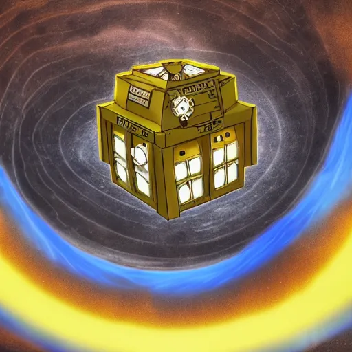 Prompt: Steampunk Tardis floating in vortex, cloudy, sparks, yellow, cinematic, highly detailed