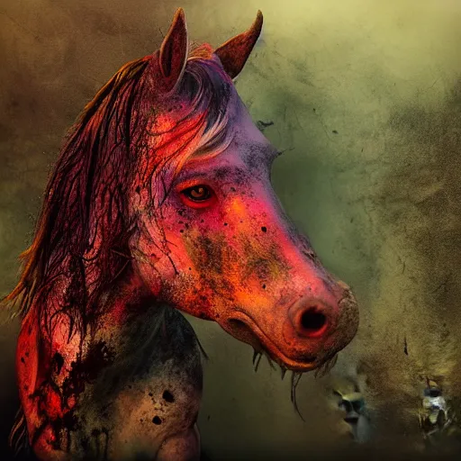 Image similar to wispy ink horror, neochrome colors, zombie horse, realistic render, photo pic by matte painting