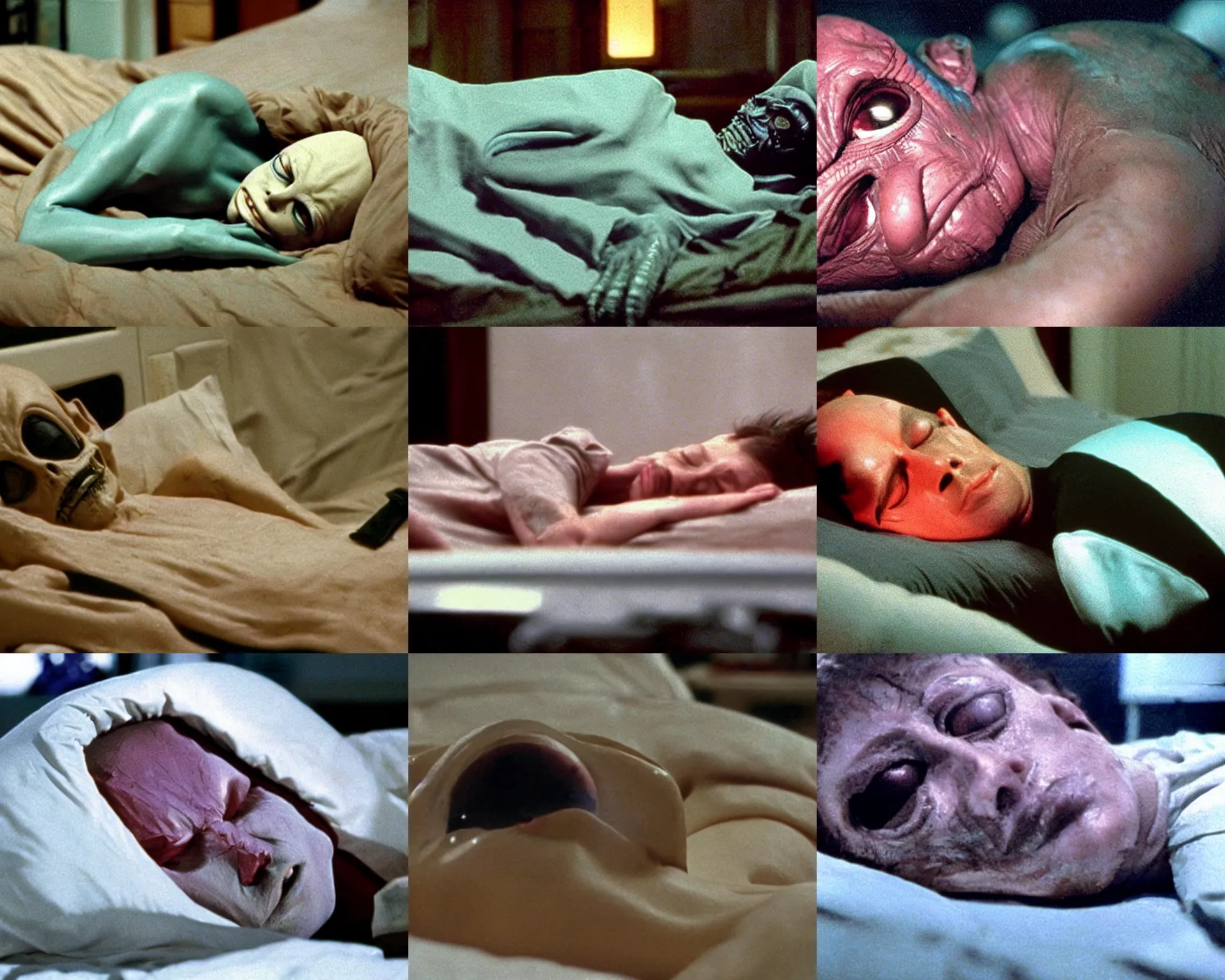 Prompt: color film still, a creepy sleepy alien sleeping on his bed ; alien 2 ( 1 9 8 6 )