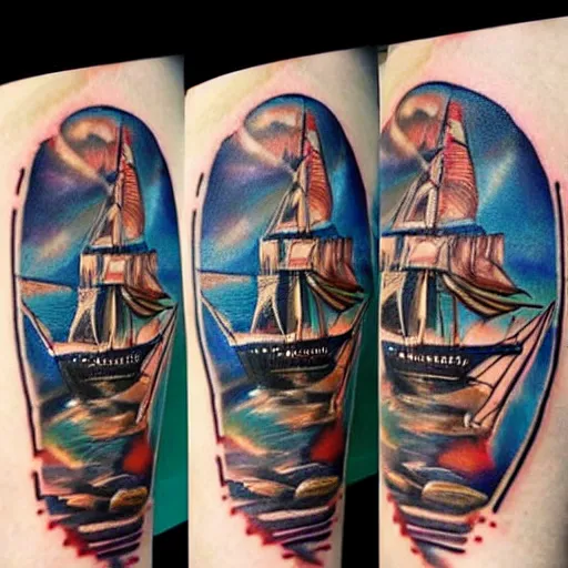 Prompt: a pirate ship sailing in the sea, realism tattoo design with amazing shades, clean white paper background, in the style of david vega
