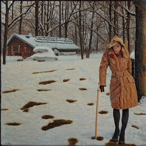 Prompt: emma stone in boots walking to outdoor toilet, winter, russian depression, chthonic, by grant wood, shulzhenko, nikolay kopeykin, lozhkin, vdovenko