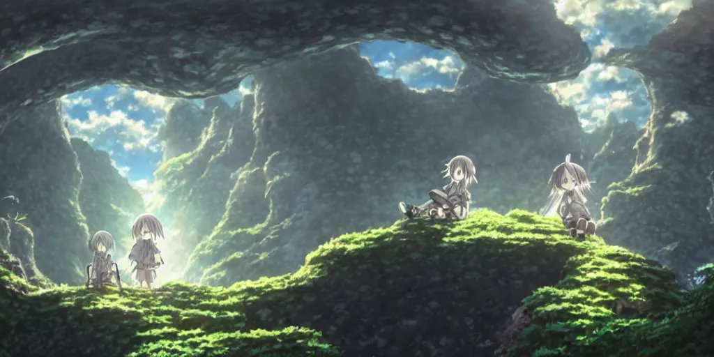 Image similar to made in abyss anime underground landscape art, anime key visual, tag art