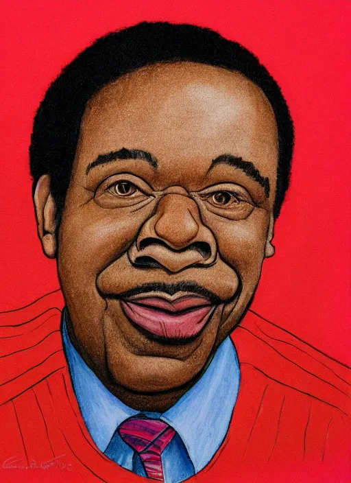 Image similar to ( ( ( caricature of leslie david baker as stanley hudson of the office television series ) ) ) pastels, head to waist, light coming from the right side, red background,