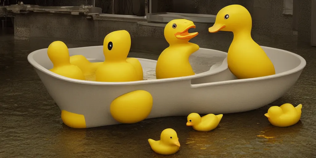 Prompt: An Epic yellow rubber duck bathtub battle, realistic 4k octane beautifully detailed render, 4k post-processing, highly detailed, intricate complexity, epic composition, magical atmosphere, cinematic lighting, masterpiece, ultra hd