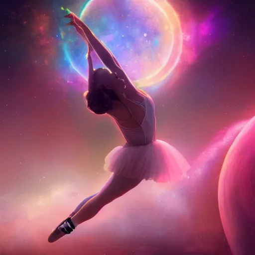 Prompt: a ballerina dancing in space, warm lighting with cool shadows, digital painting, detailed, trending on artstation, nebulas in background, expressive digital painting, in the style of dominik mayer marco bucci, gaston bussiere, and norman rockwell, beautiful nebulas in the background, 8 k, octane render